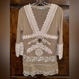 Passion Concept Womens Large Tunic Top Embellished Lace Jewel Broach Beaded Mesh